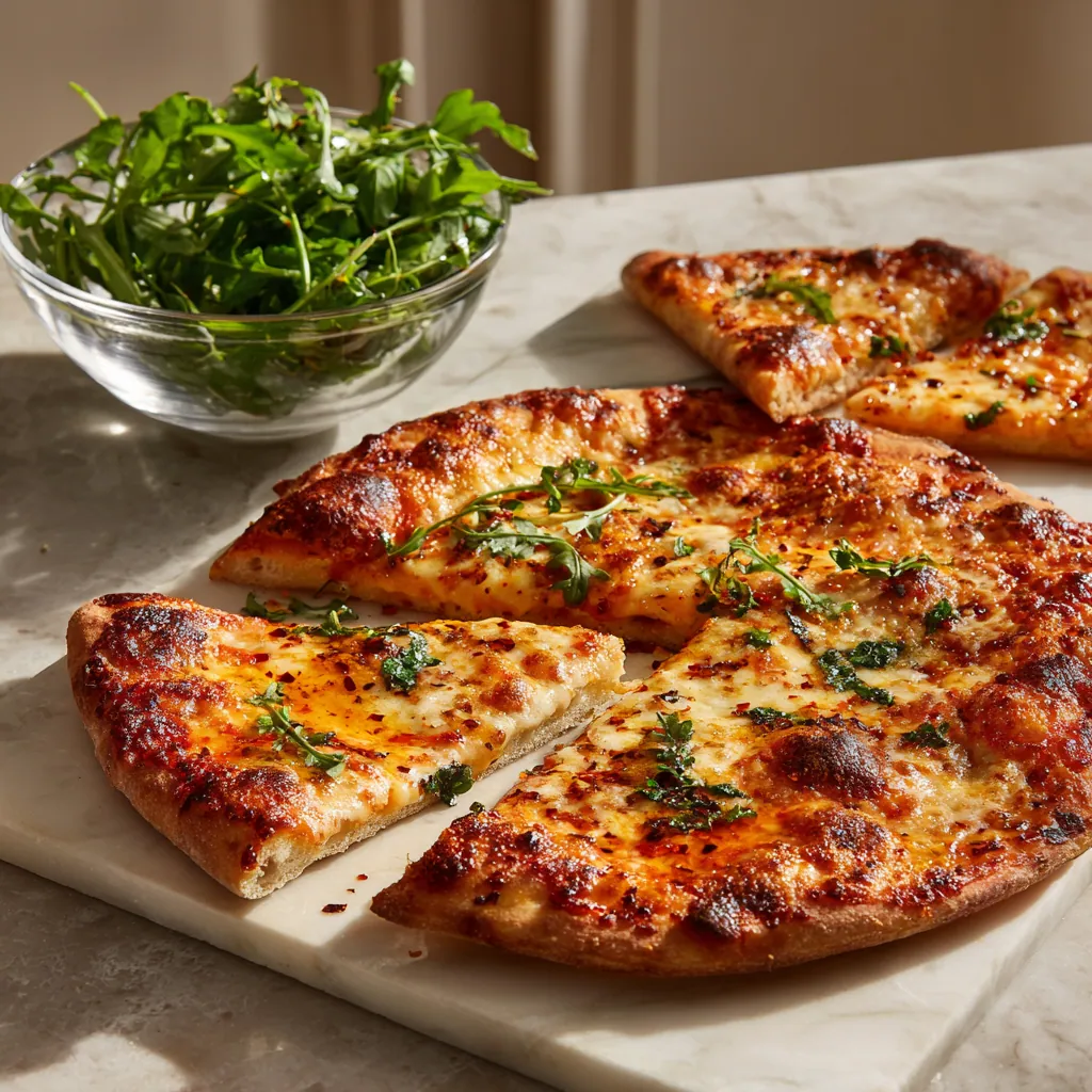 Margherita Pizza Recipe with Fresh Basil and Bubbling Mozzarella 5 Sliced Margherita Pizza served with arugula salad and olive oil drizzle.