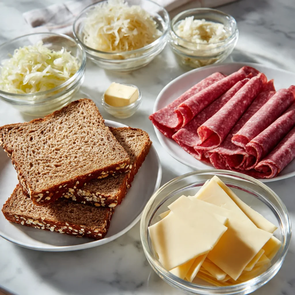 Reuben Sandwich Crispy, Cheesy & Classic Deli Favorite 2 ingredients for a Reuben sandwich including rye bread, Swiss cheese, corned beef, sauerkraut, butter, and Russian dressing in glass bowls on a marble counter.