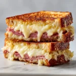 Close-up of a sliced Reuben sandwich with melted Swiss cheese
