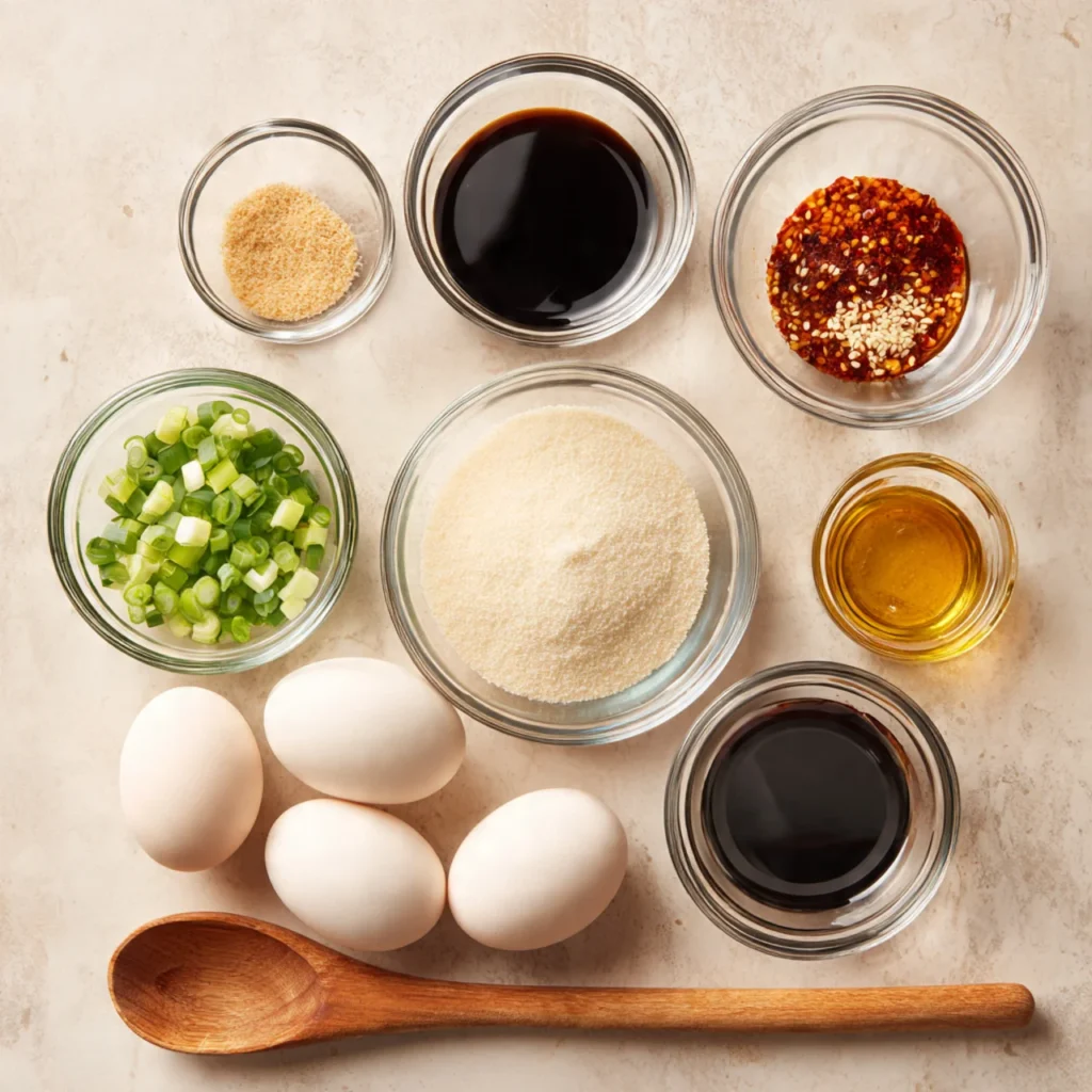 Ingredients for Soy Sauce Eggs Recipe arranged in glass bowls.
