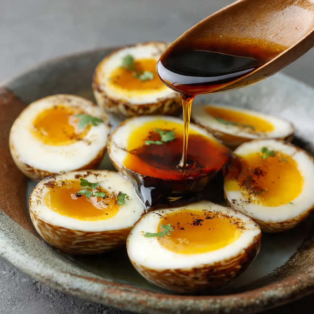 Soy Sauce Eggs Recipe served over rice, ramen, and salad.
