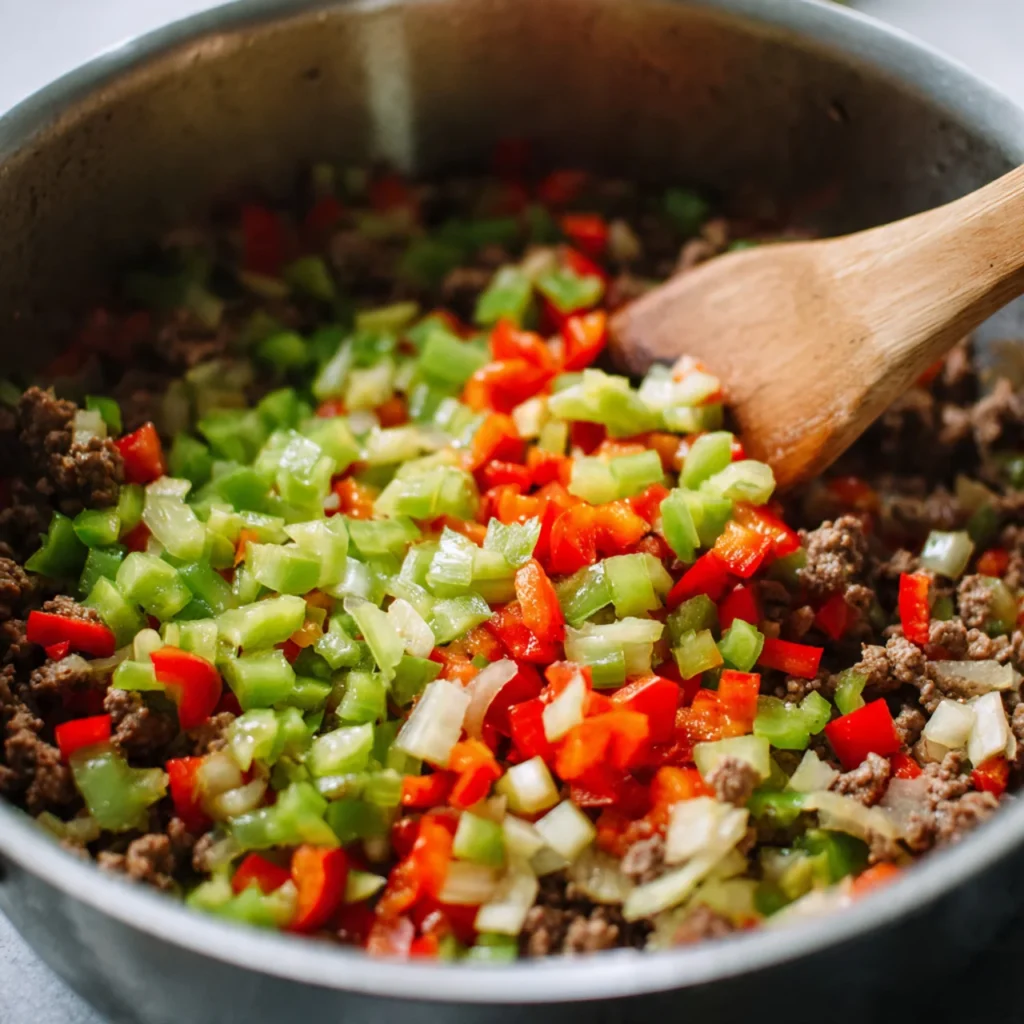 Stuffed Pepper Soup Hearty, Cozy & Full of Comfort 4 Stuffed pepper soup simmering in a pot with peppers, rice and beef.