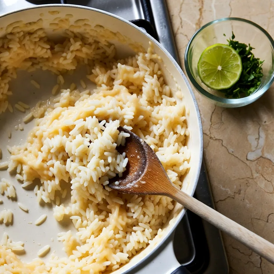 Fluffing cheesy Mexican street corn white rice with lime and cilantro for best texture.