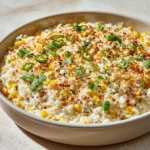 One Pan Cheesy Mexican Street Corn White Rice served warm in white skillet with melted cheese and corn.