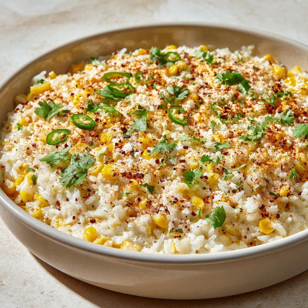 One Pan Cheesy Mexican Street Corn White Rice served warm in white skillet with melted cheese and corn.