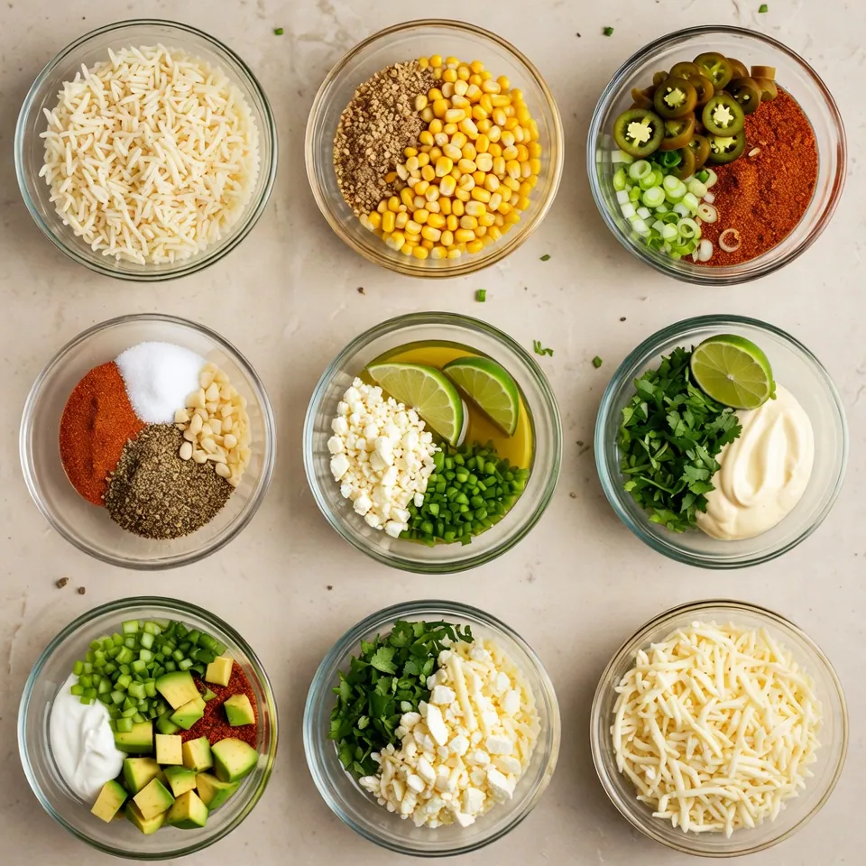 Ingredients for One Pan Cheesy Mexican Street Corn White Rice arranged in matching glass bowls