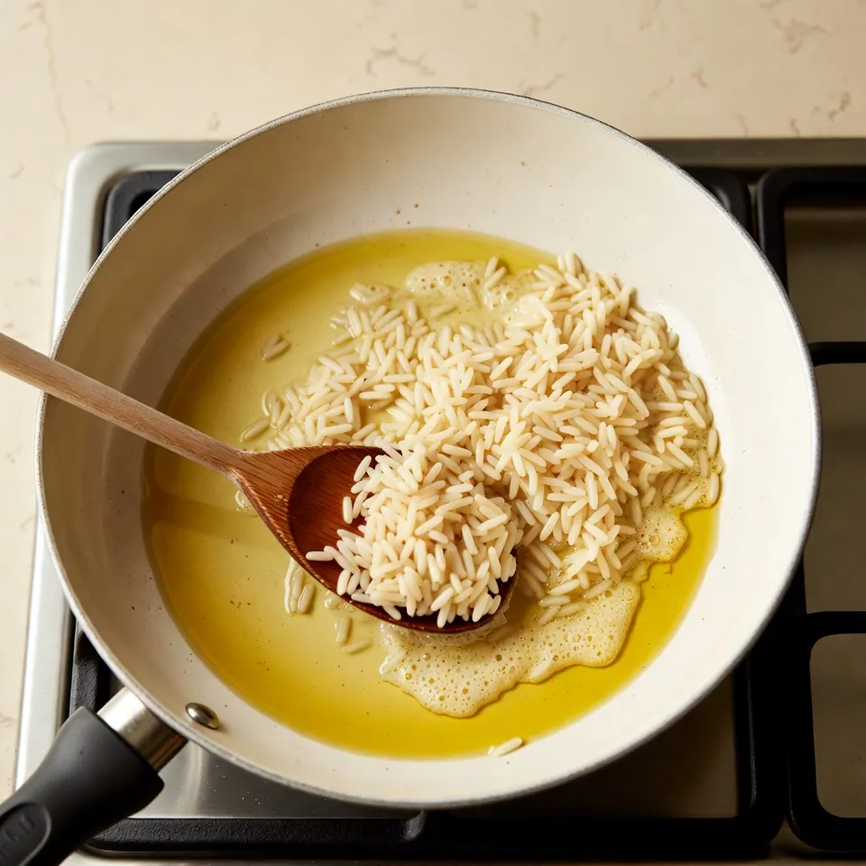 Toasting white rice in skillet on stove for One Pan Cheesy Mexican Street Corn White Rice