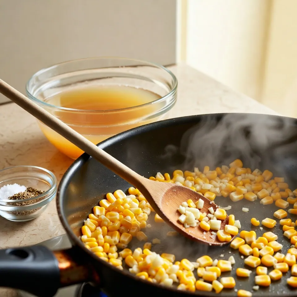 Corn, broth, and spices simmering with rice on stove for Mexican street corn white rice recipe
