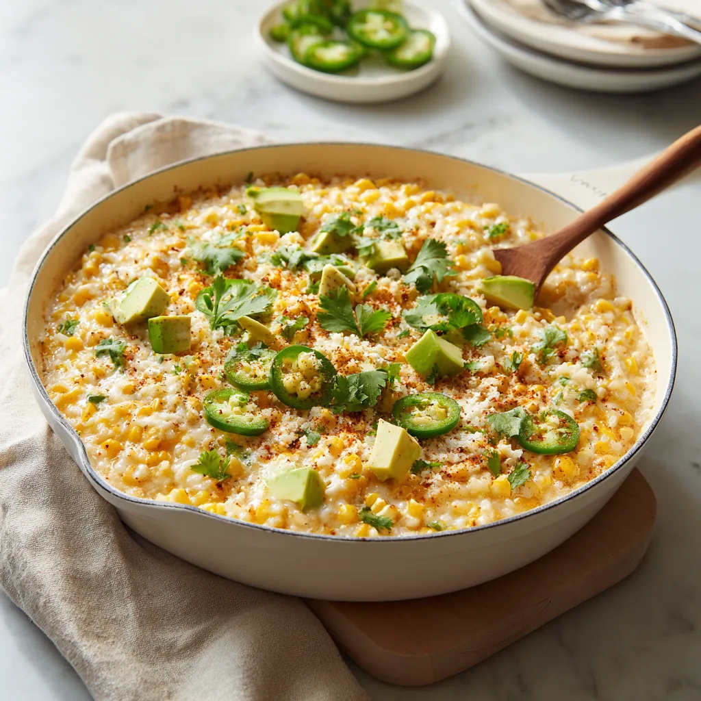 Serving One Pan Cheesy Mexican Street Corn White Rice topped with avocado and herbs.