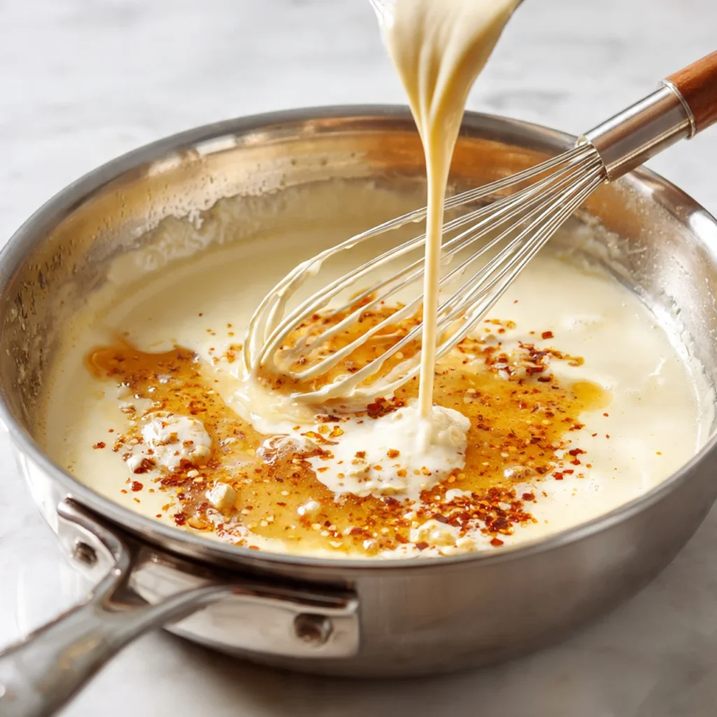 Adding milk and seasoning to white sauce for creamy pasta.
