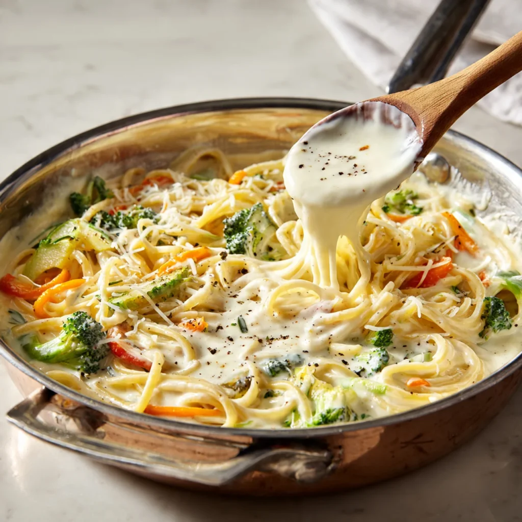 Mixing pasta with creamy white sauce and melted cheese.
