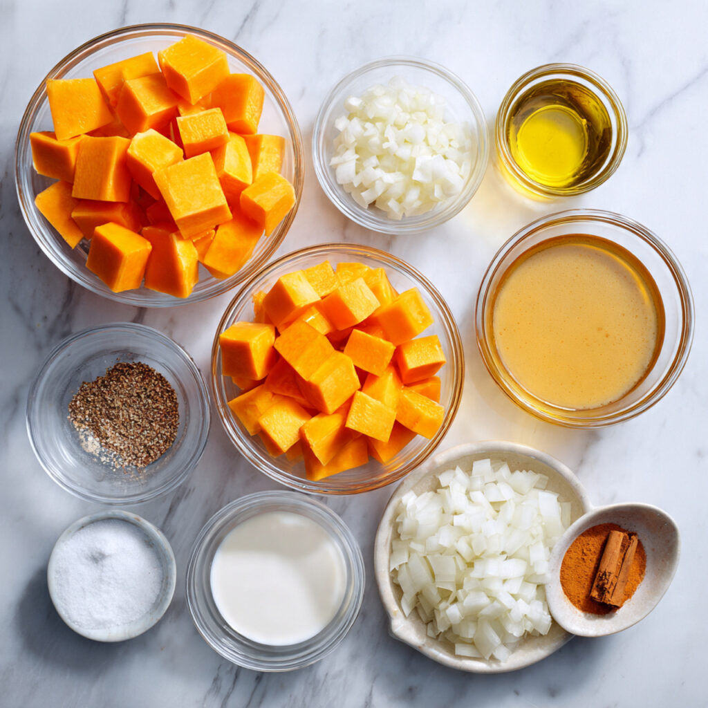 all ingredients for butternut squash soup arranged