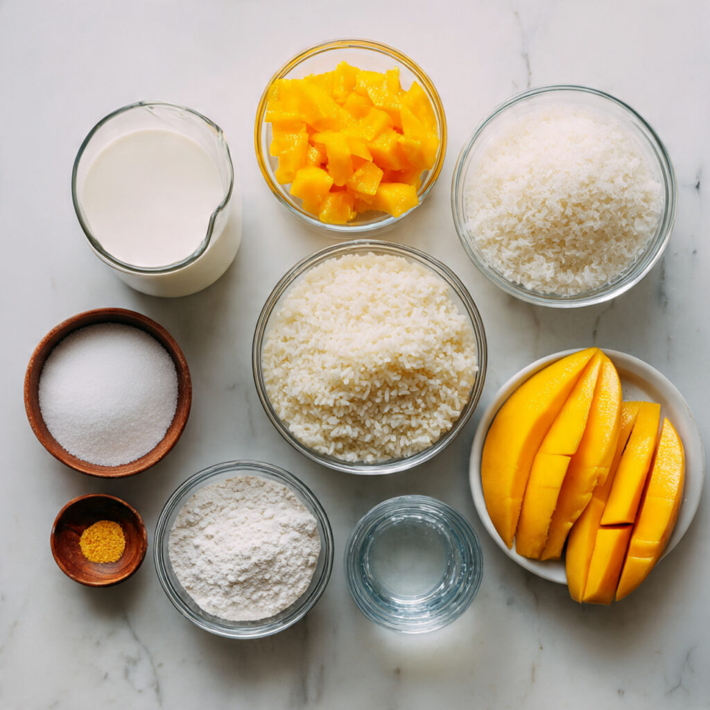 all ingredients for mango sticky rice arranged nea