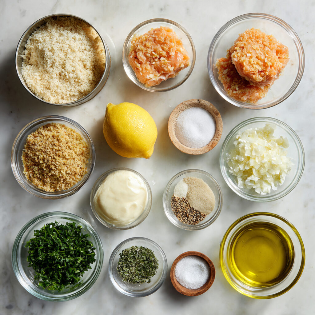 all ingredients for salmon patties arranged neatly