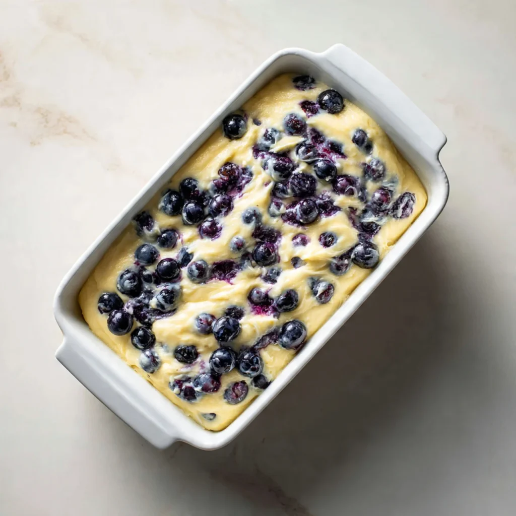 Blueberry cream cheese loaf batter in loaf pan before baking
