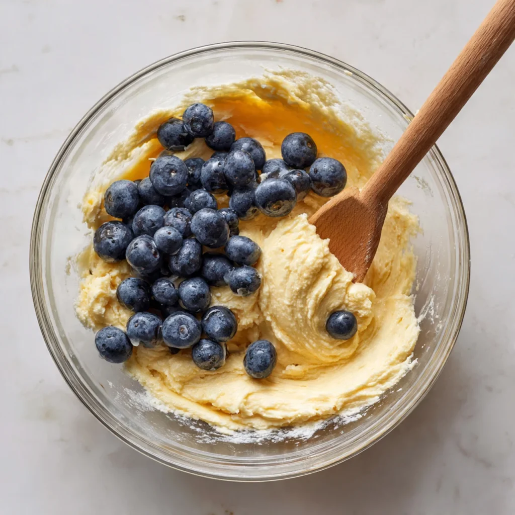 Blueberry loaf batter with fresh blueberries being mixed