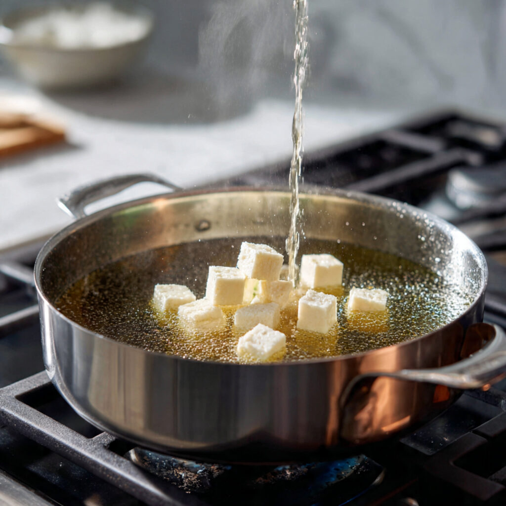 close up cooking scene of dashi broth heating in a