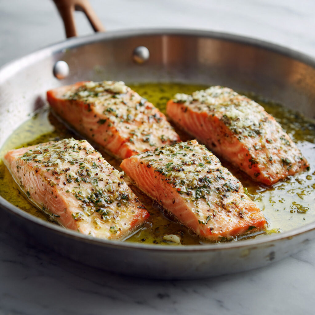 close up cooking scene of salmon fillets being coo