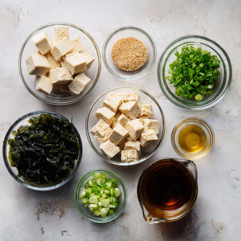 close up ingredient setup for miso soup on a light