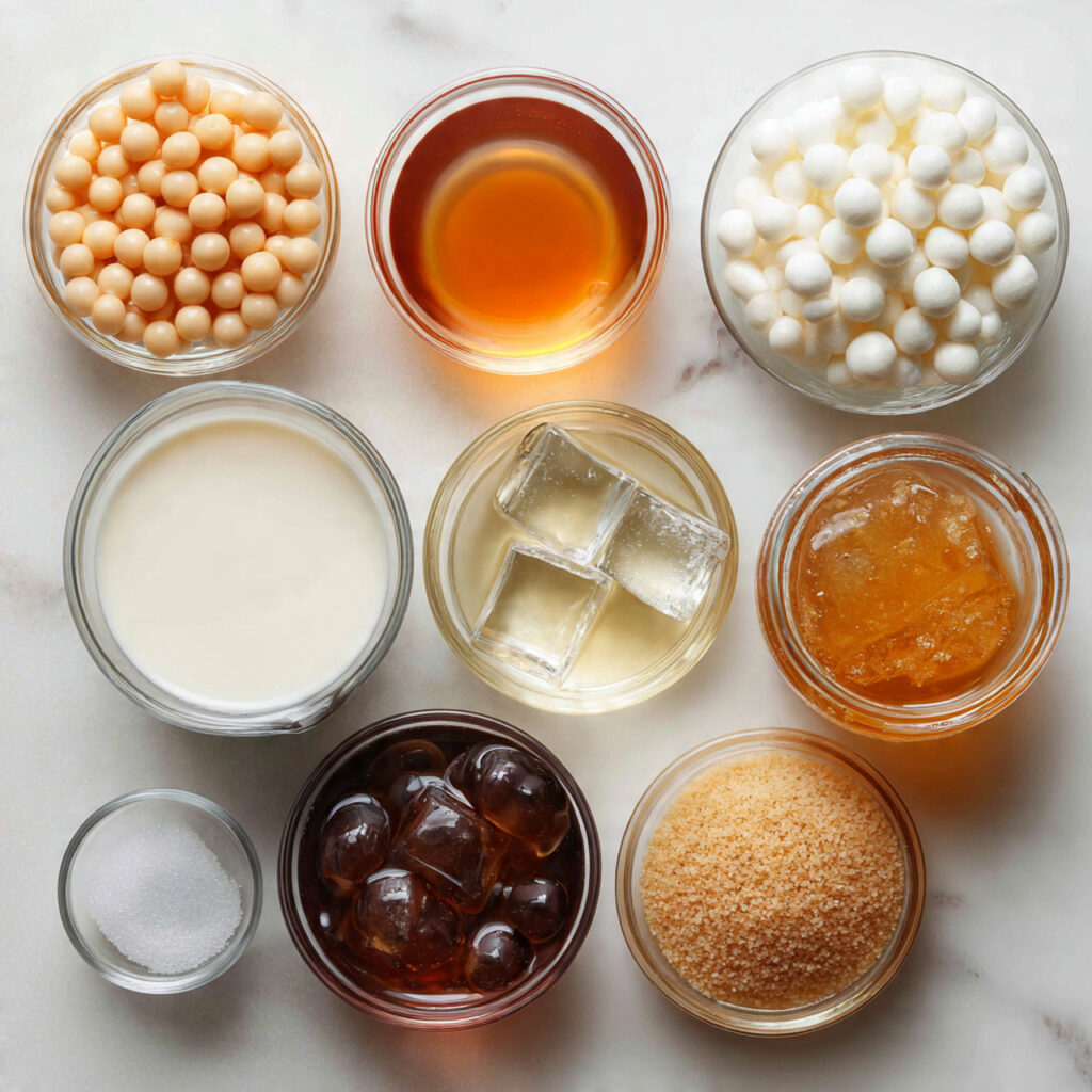 close up of bubble tea ingredients arranged neatly