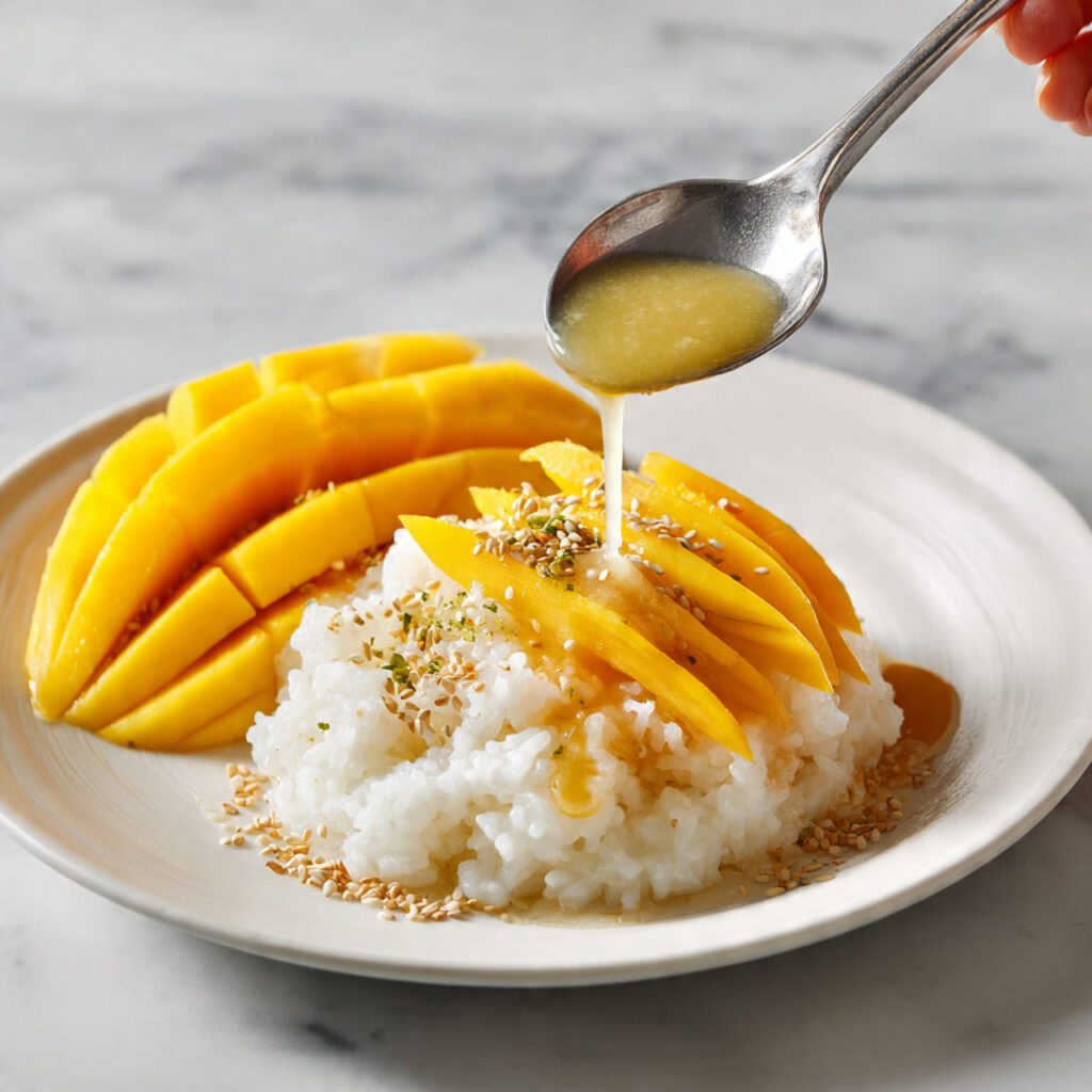 close up of coconut sticky rice served on a white 1