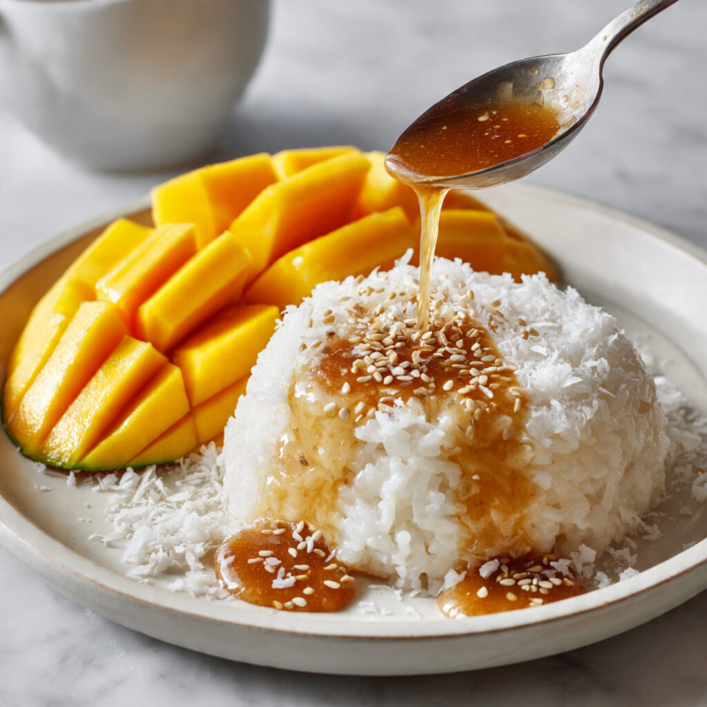 close up of coconut sticky rice served on a white 2