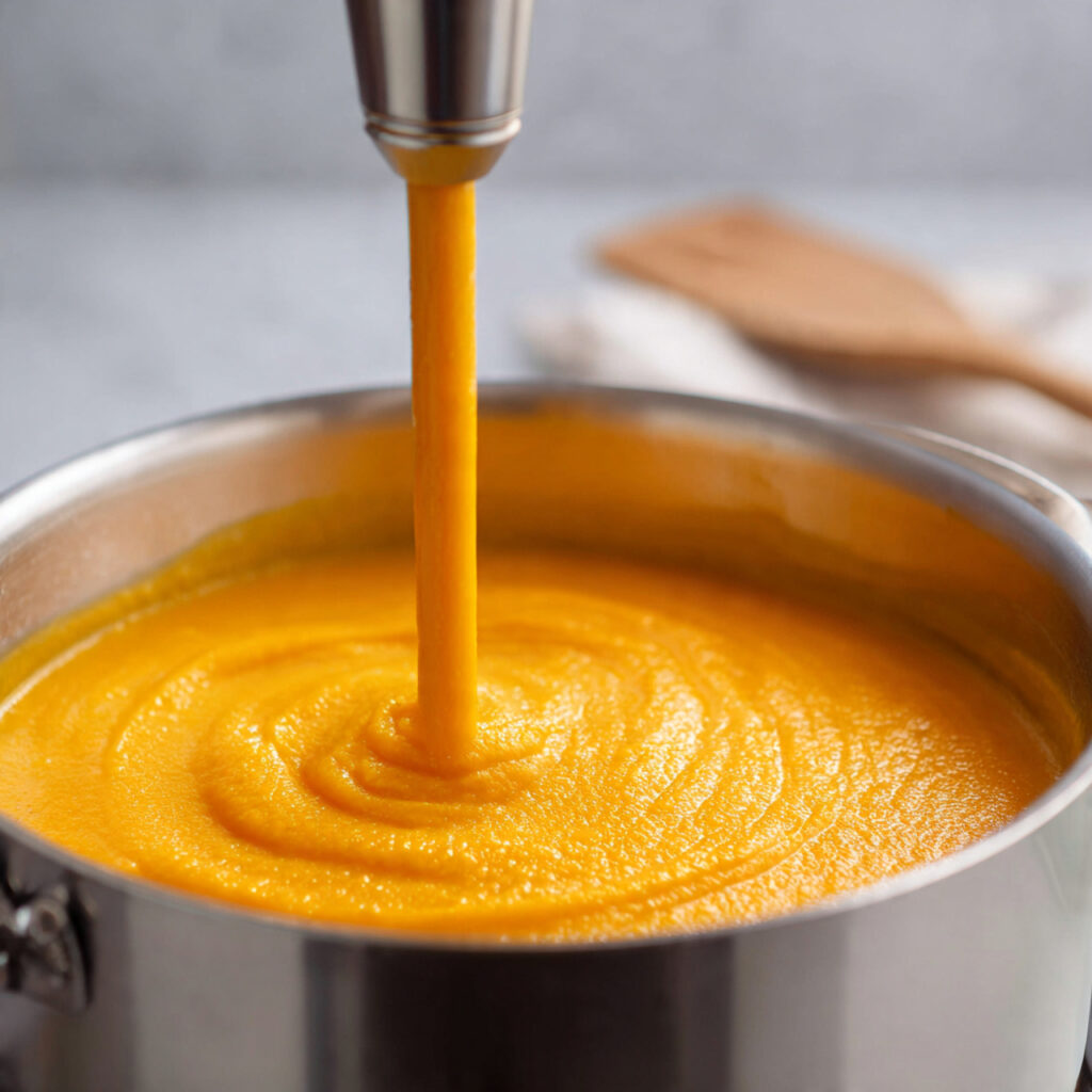close up of creamy butternut squash soup being ble