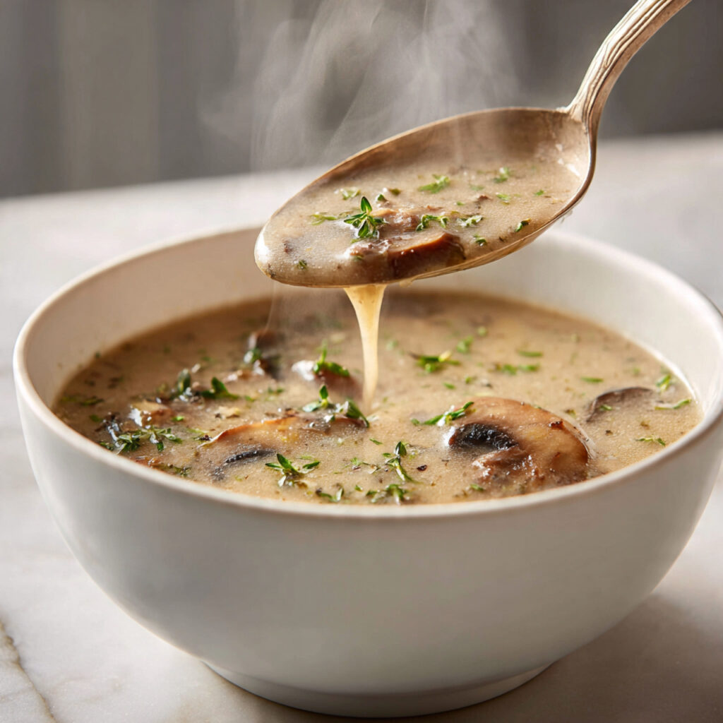 close up of creamy mushroom soup being served in a