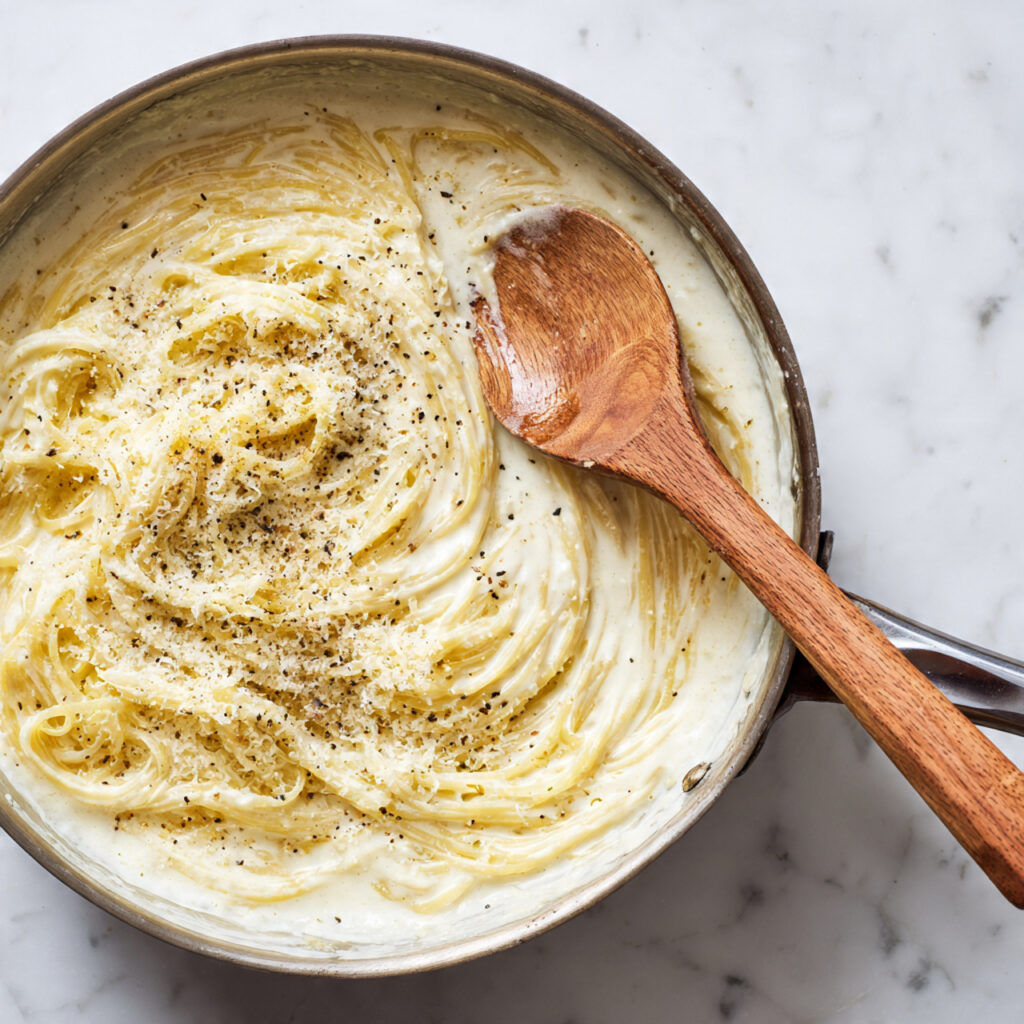 close up of creamy pasta sauce being prepared in a
