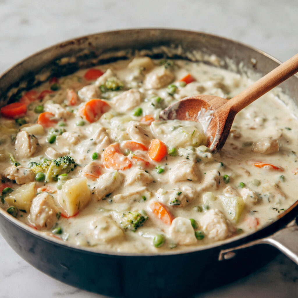 close up of creamy sauce with chicken and vegetabl