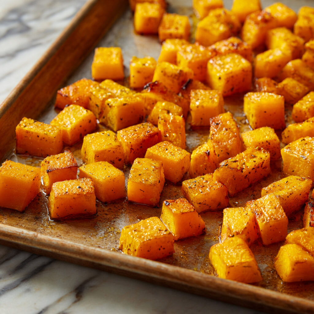 close up of cubed butternut squash spread on a met