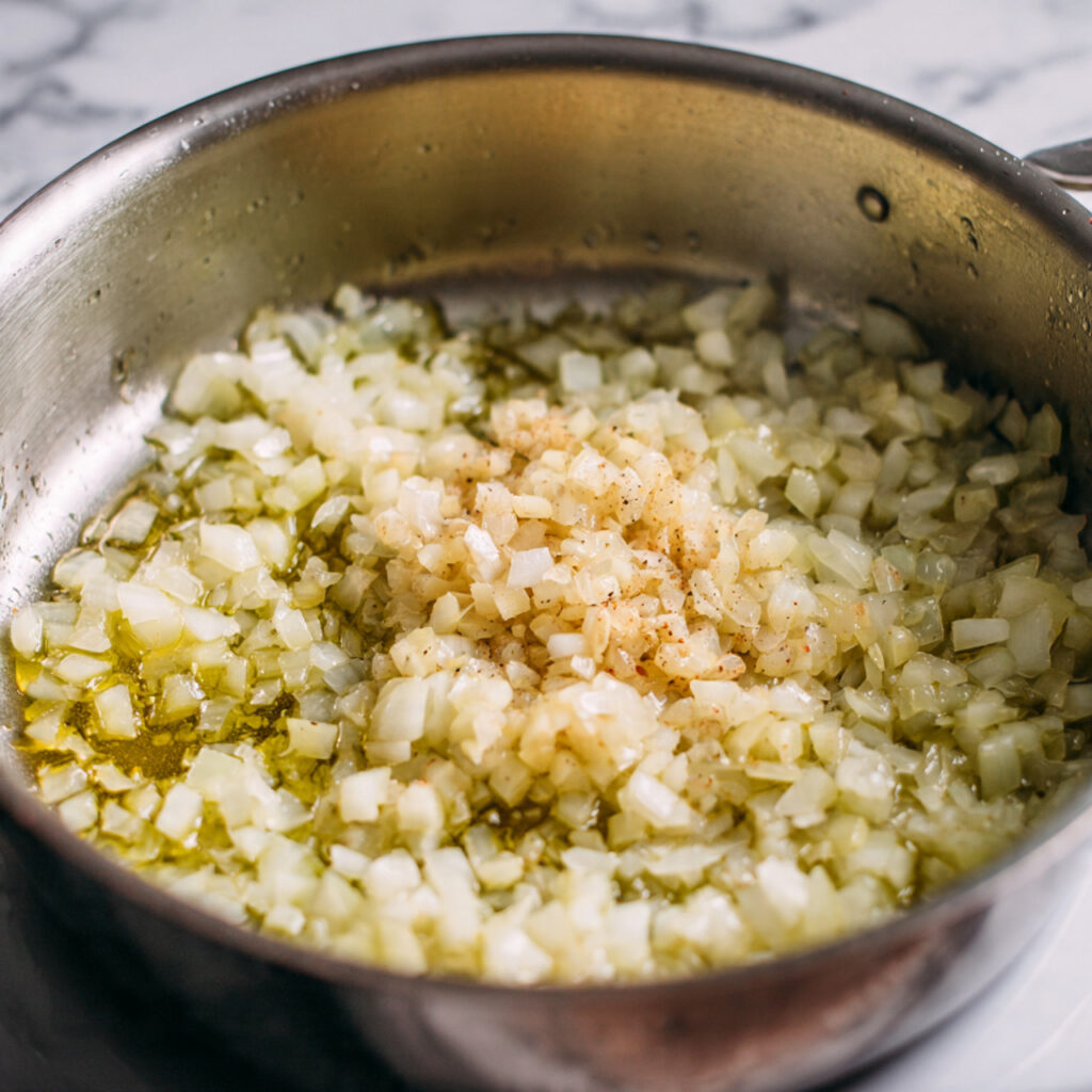 close up of diced onions and minced garlic cooking