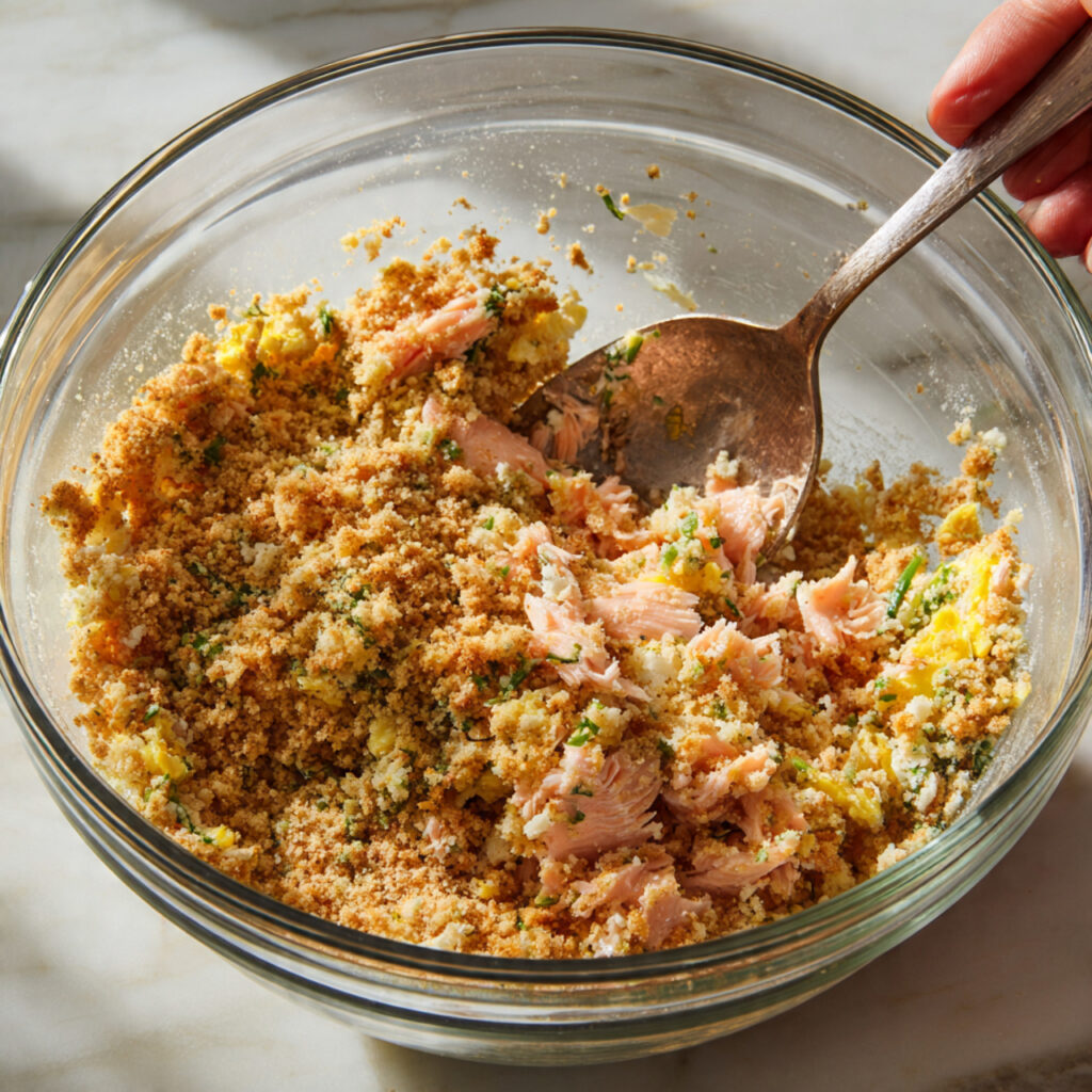 close up of flaked canned salmon mixed with breadc