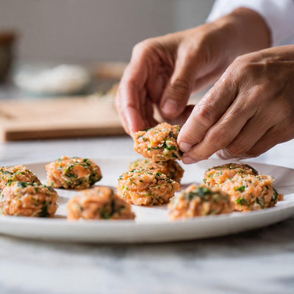 close up of hands shaping salmon mixture into smal