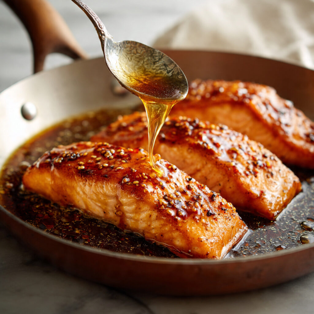 close up of honey glaze bubbling in a skillet arou