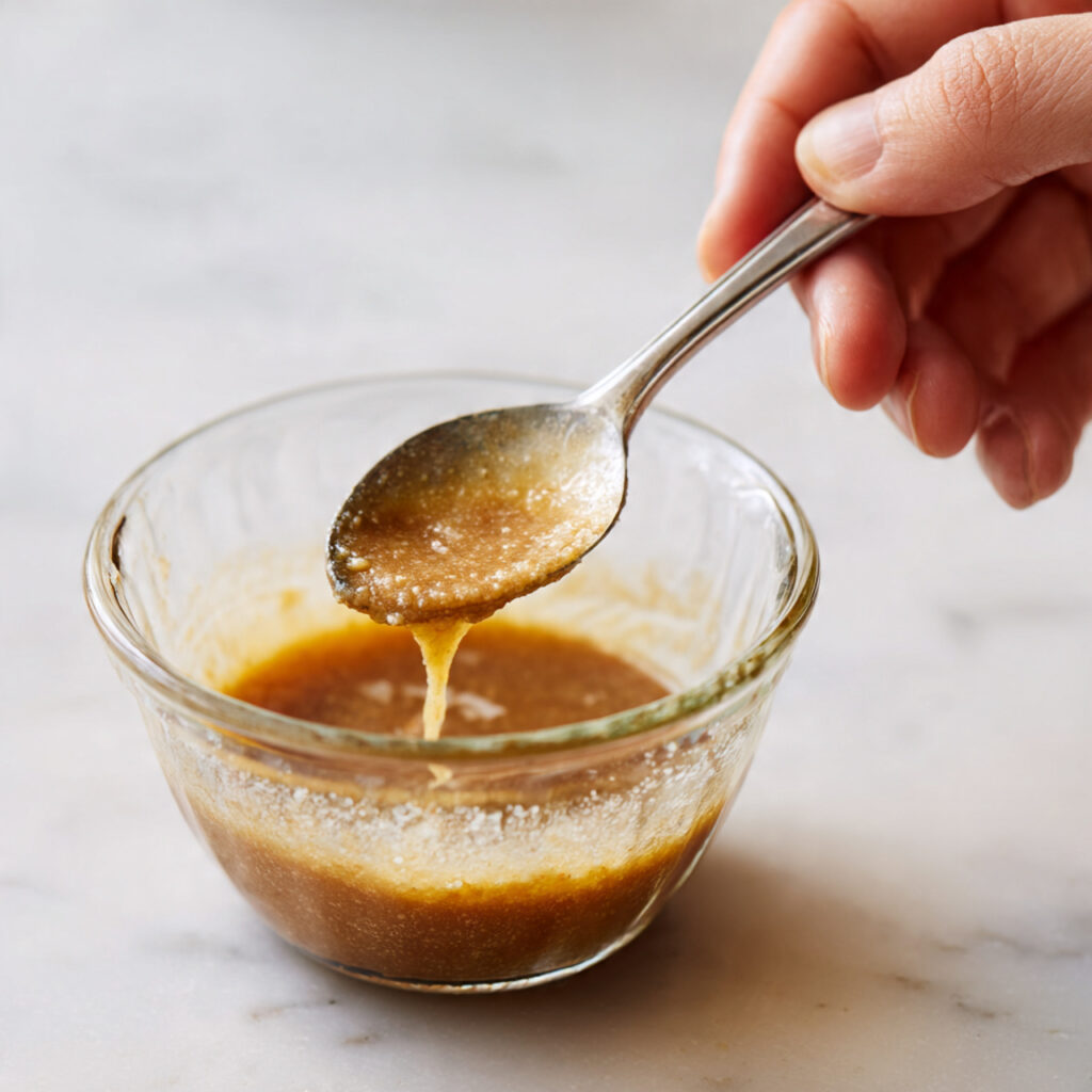 close up of miso paste being mixed with warm broth
