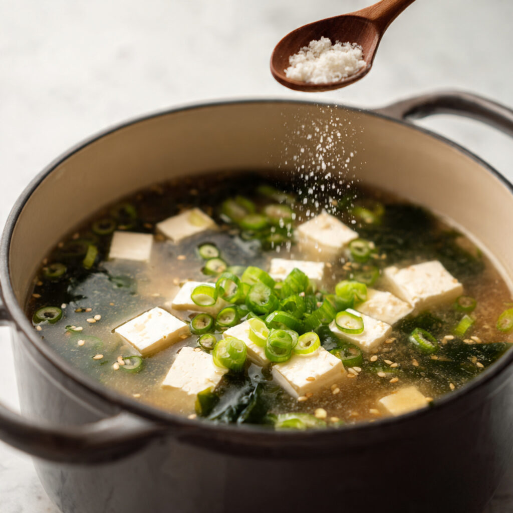 close up of miso soup in a pot with tofu cubes and