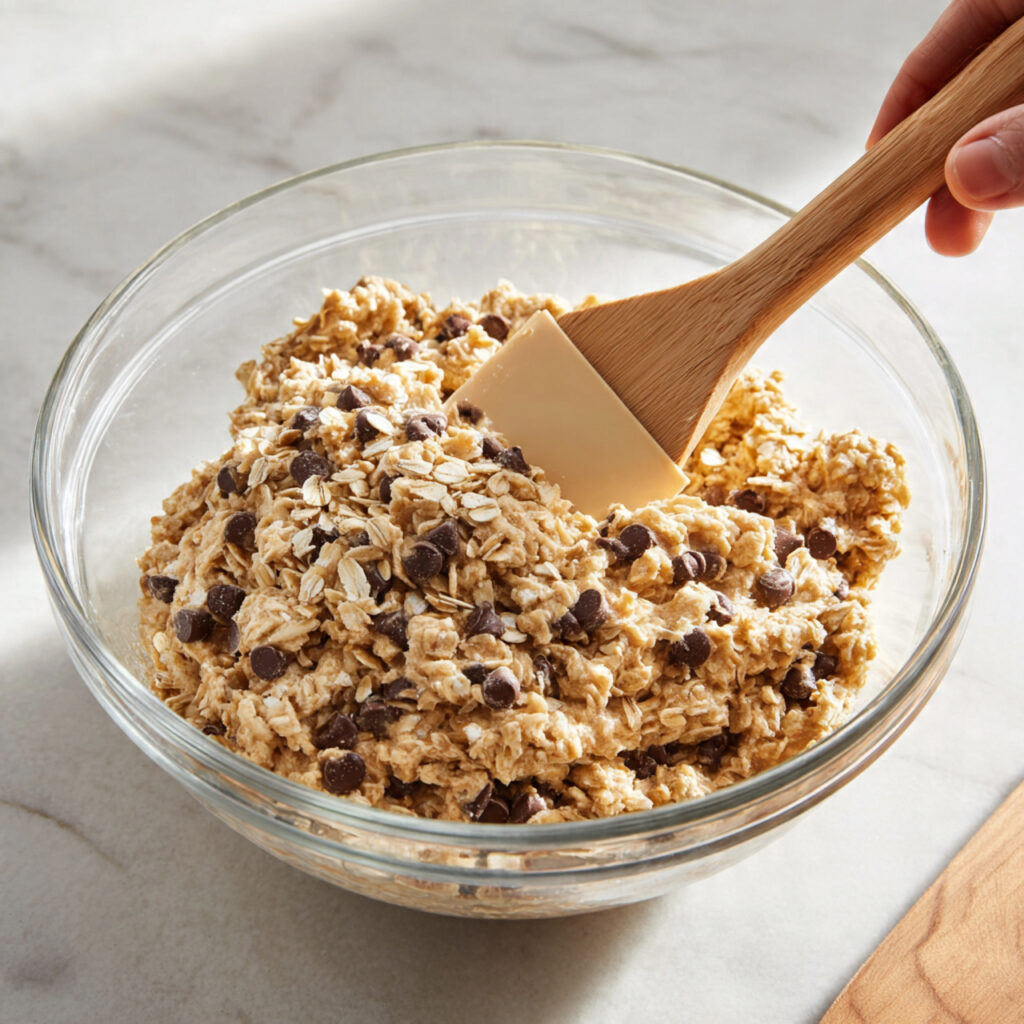 close up of oatmeal chocolate chip cookie dough in