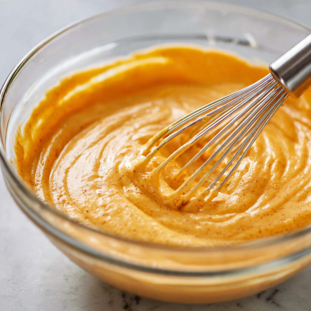 close up of pumpkin cheesecake batter being mixed
