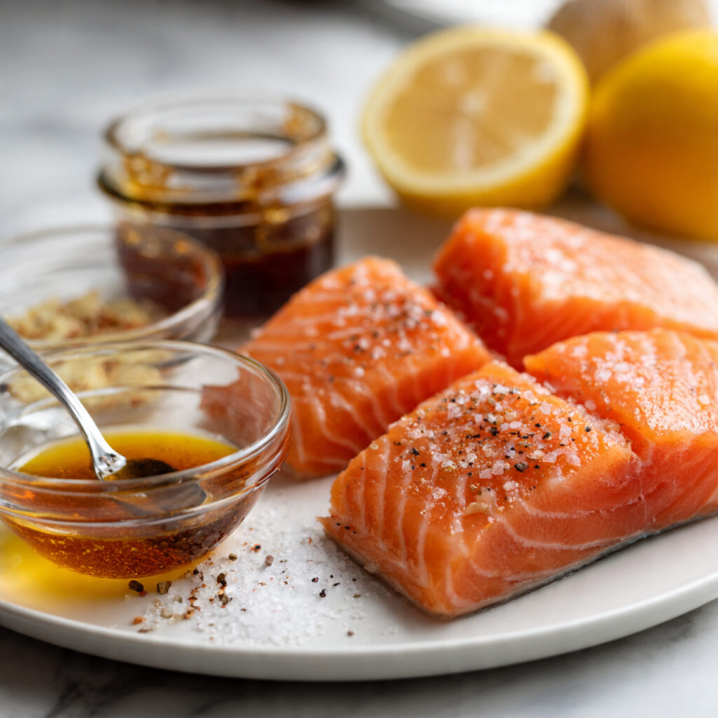 close up of raw salmon fillets on a white plate be
