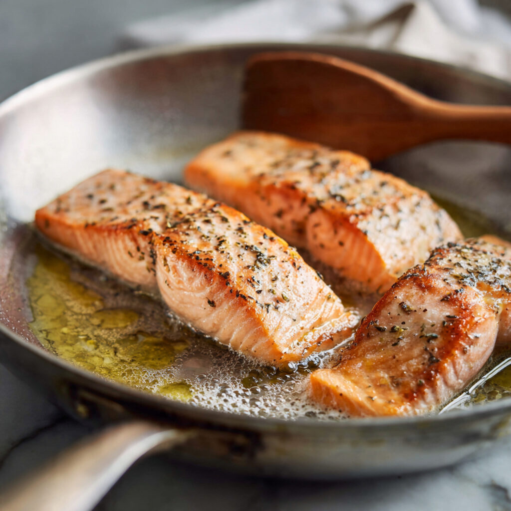 close up of salmon fillets cooking skin side down