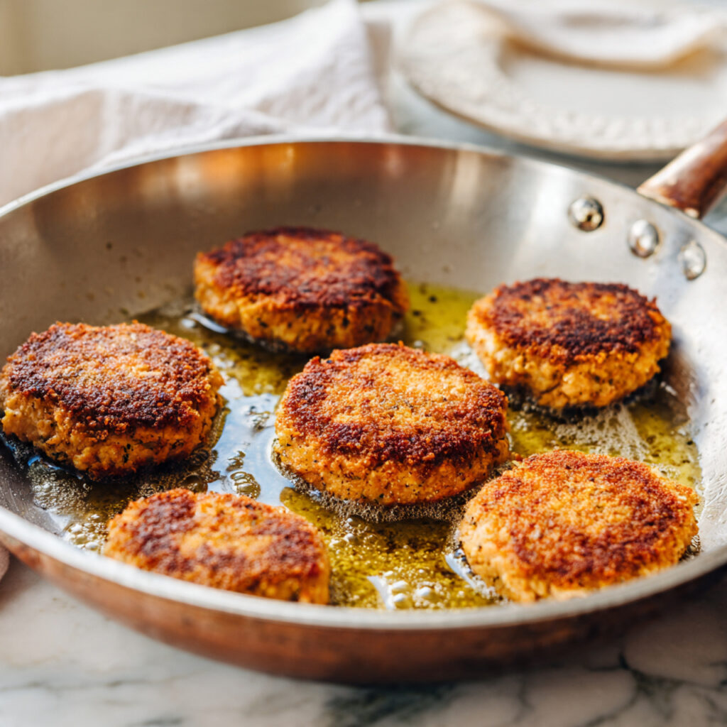 close up of salmon patties cooking in a metal skil