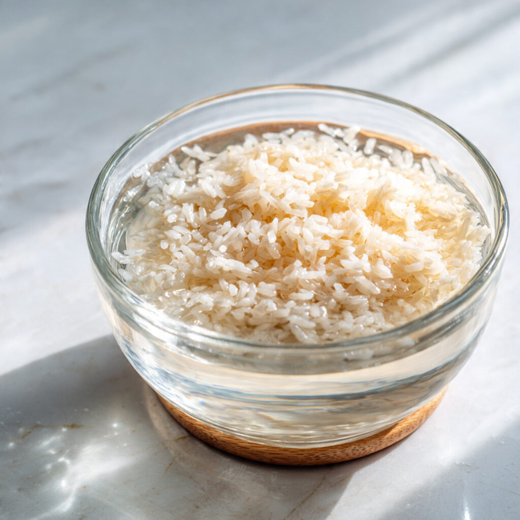 close up of sticky rice soaking in clear water ins