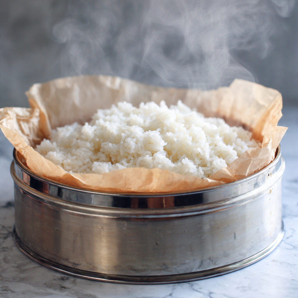 close up of sticky rice steaming in a metal steame