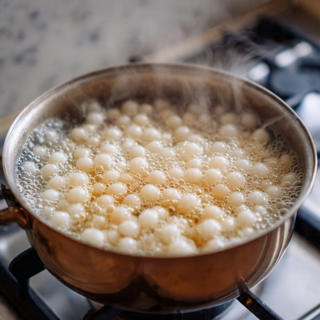 close up of tapioca pearls boiling in a small meta