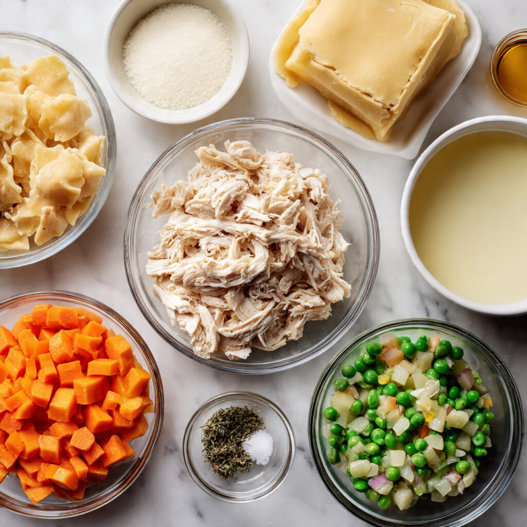 close up overhead view of casserole ingredients ar