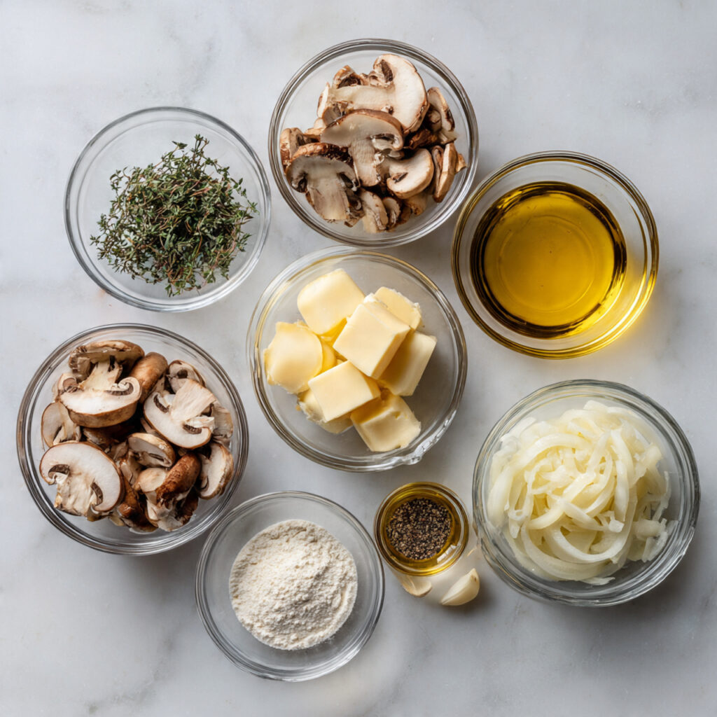 close up overhead view of mushroom soup ingredient