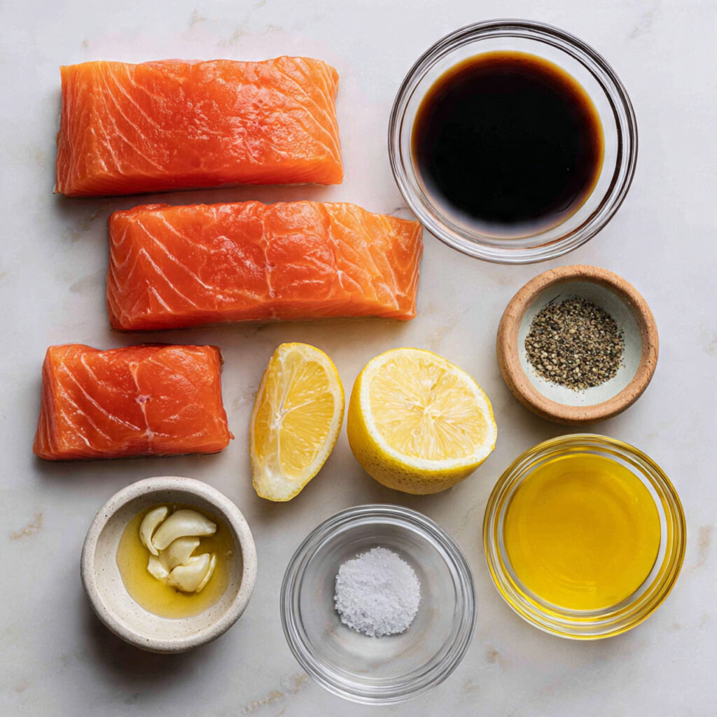 close up overhead view of salmon recipe ingredient