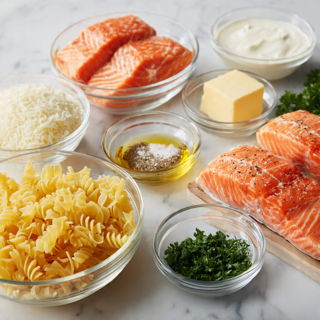 close up recipe ingredient setup on a white marble