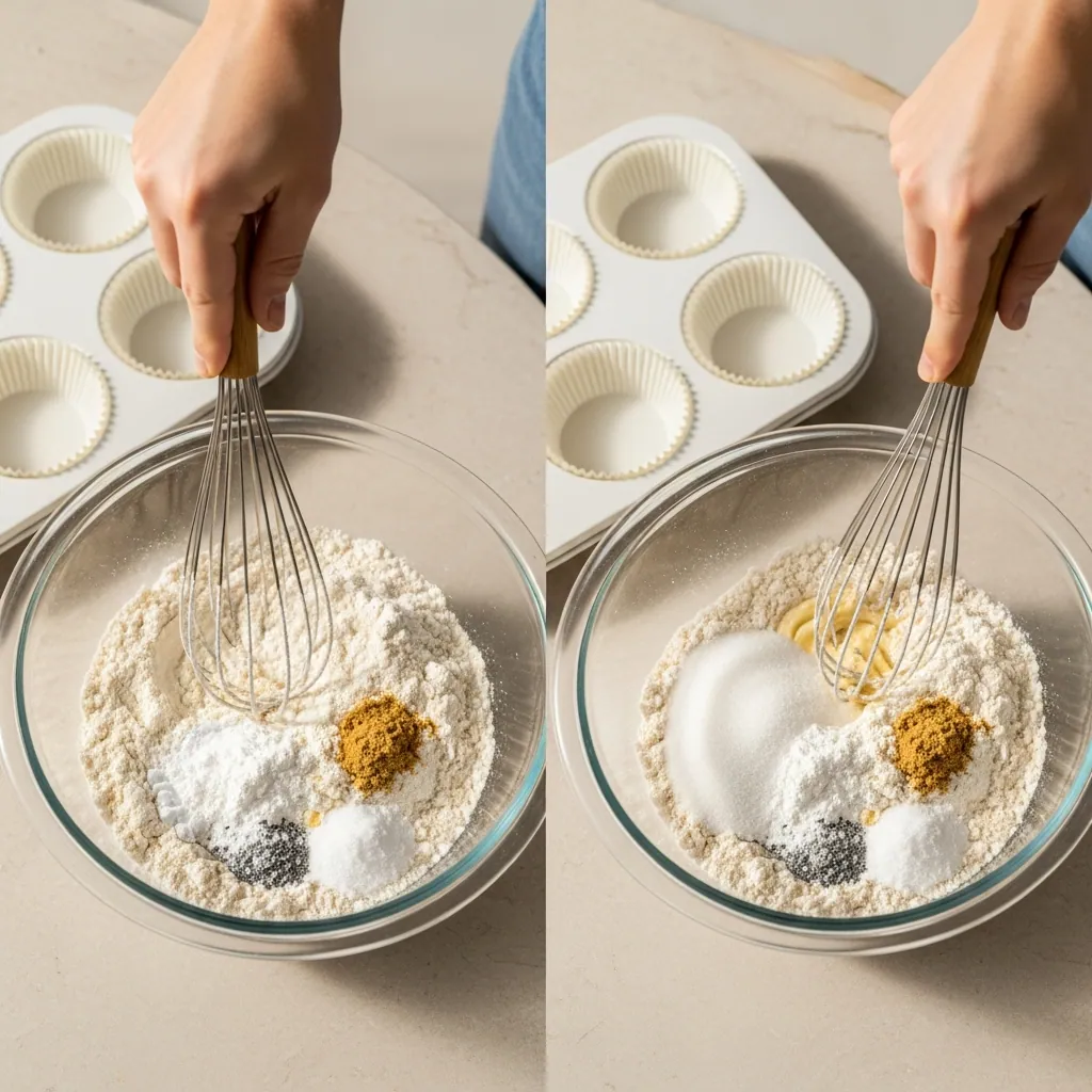 mixing dry ingredients for Chocolate Chip Muffins